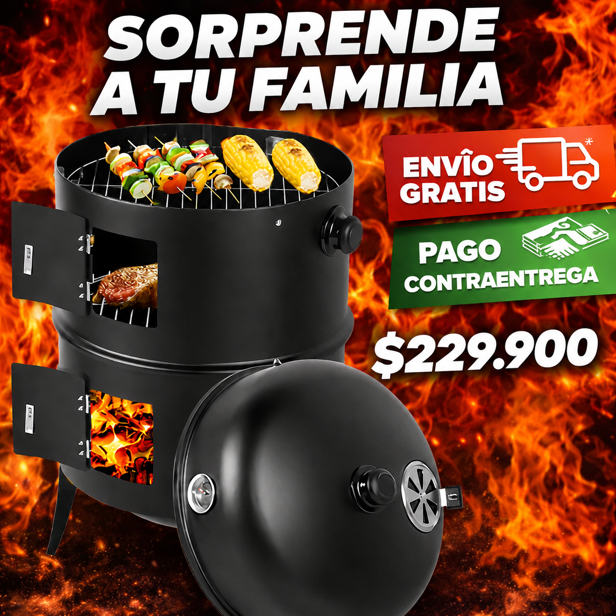 Asador Barril Portátil 3 En 1. Ahumador,