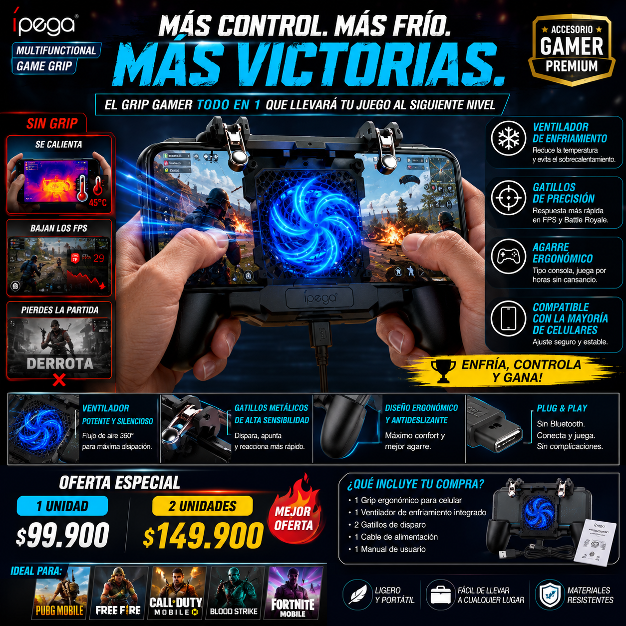IPEGA MULTIFUNCIONAL GAME GRIP CON VENTILADOR