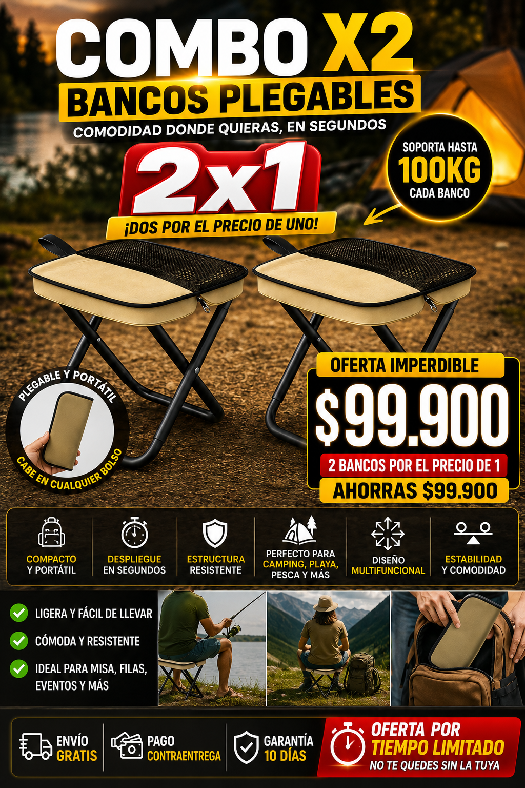 Silla Plegable Camping Portátil 100kg