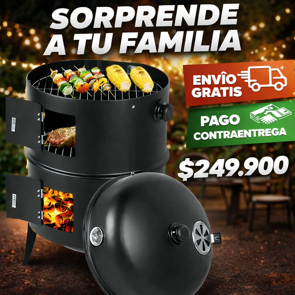 Asador Barril Portátil 3 En 1. Ahumador,